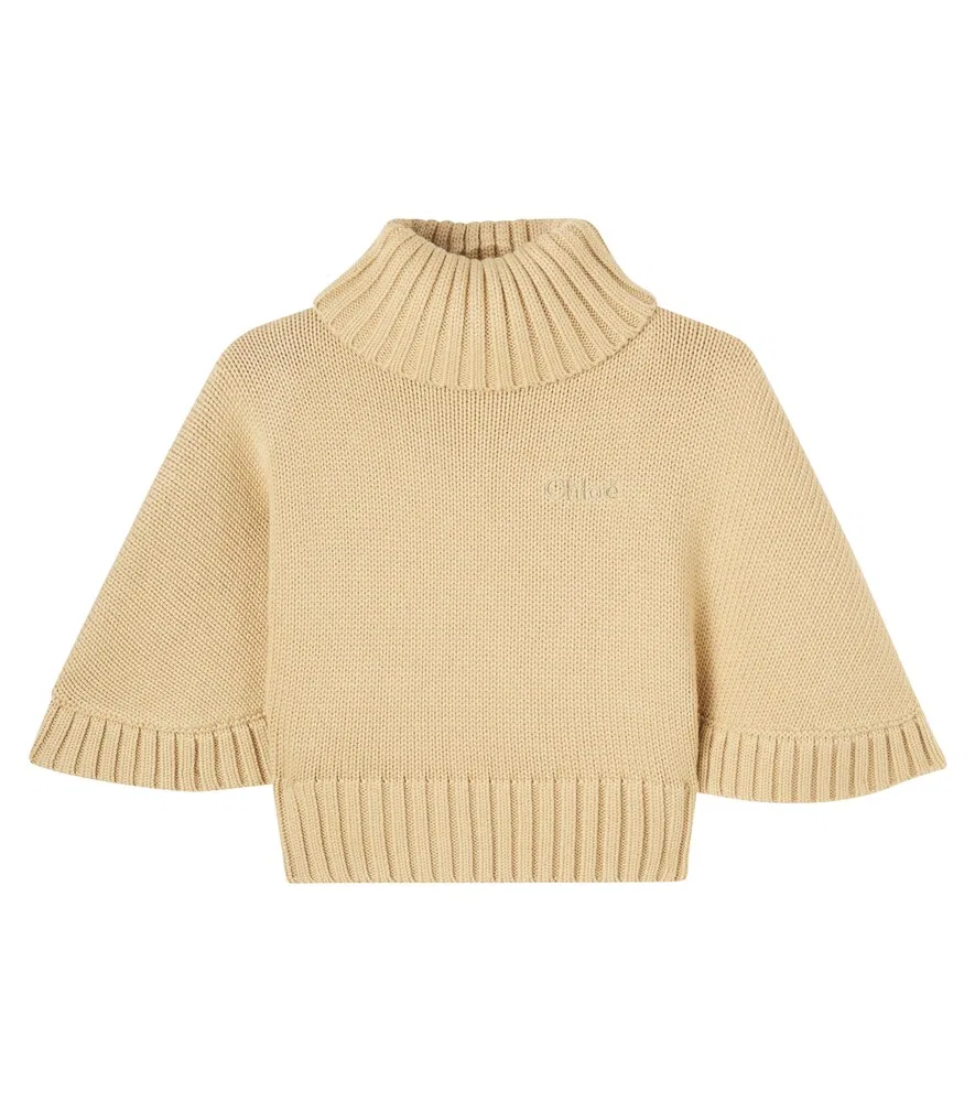 Хлопковый и шерстяной свитер с высоким воротником Chloé Kids, бежевый