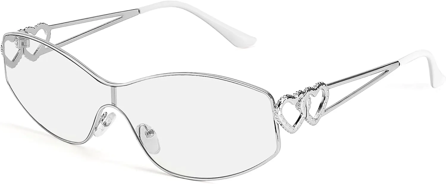 

Модные футуристические солнцезащитные очки FancyPink Oversized для женщин - винтажные с двойным сердцем, стильный оттенок 2000-х годов, A06-sliver Frame Sliver Lenses