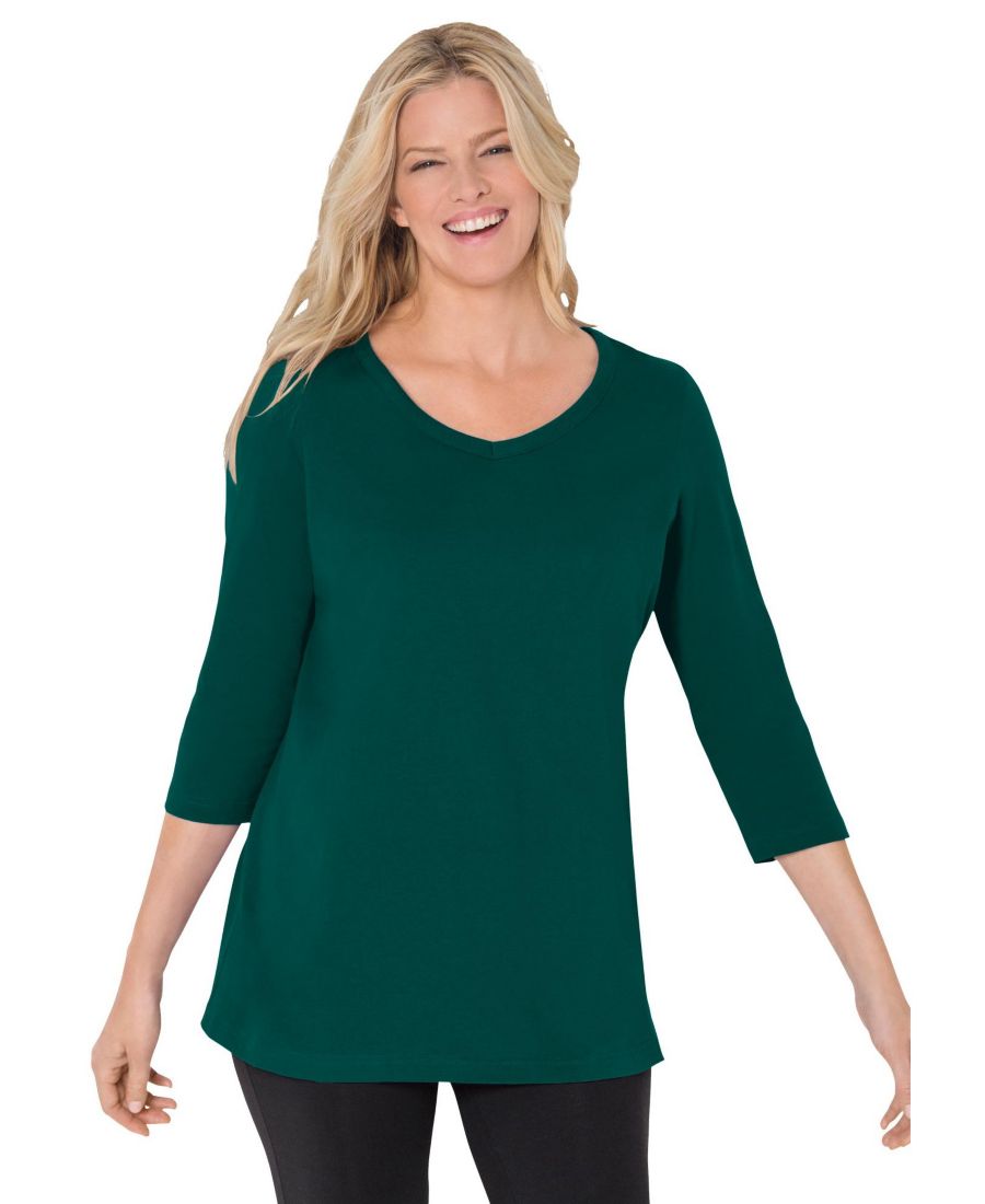

Футболка больших размеров с рукавами три четверти и V-образным вырезом Woman Within, Emerald green