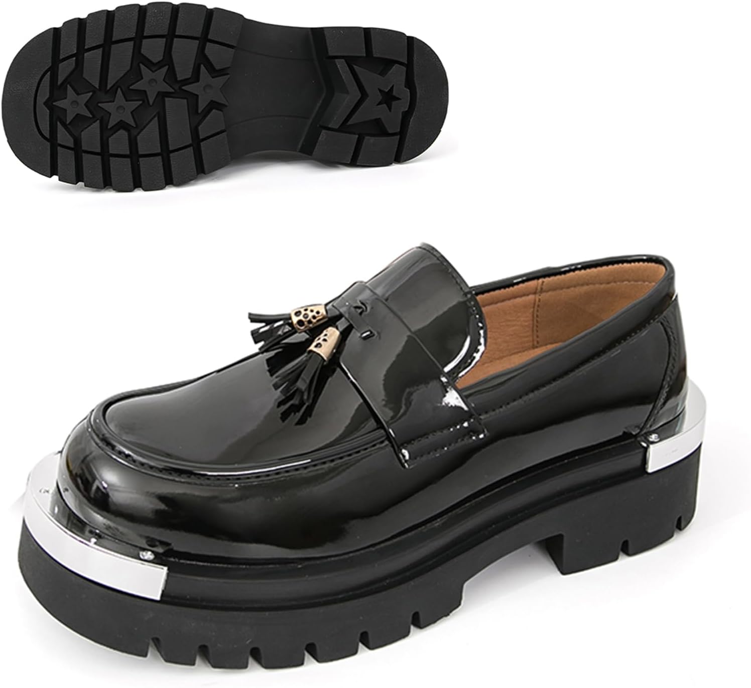 

Мужские лоферы на толстой подошве из лакированной кожи с металлическим декором, роскошные с круглым носком, без шнуровки, с рифленой подошвой, повседневные, нескользящие, амортизирующие, для работы и улицы Nekgnl, черный