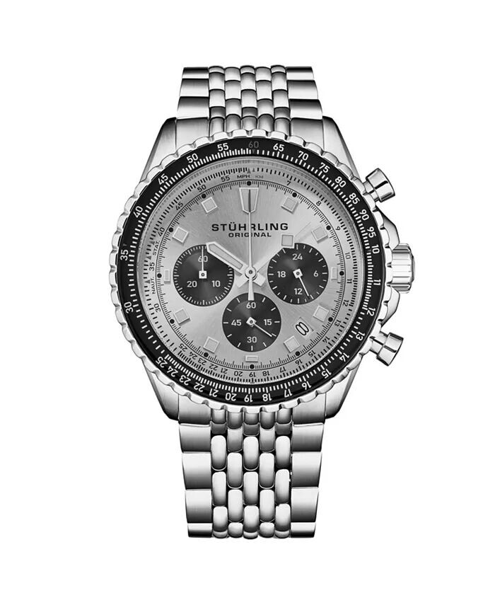 

Мужские часы с японским механизмом Chrono, серебряный корпус из нержавеющей стали, зеленый циферблат, черный/розовый безель, браслет из нержавеющей стали с бисером Stuhrling, серый