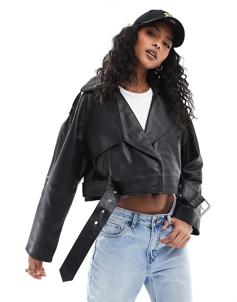 

Кожаный укороченный плащ свободного покроя черного цвета ASOS DESIGN
