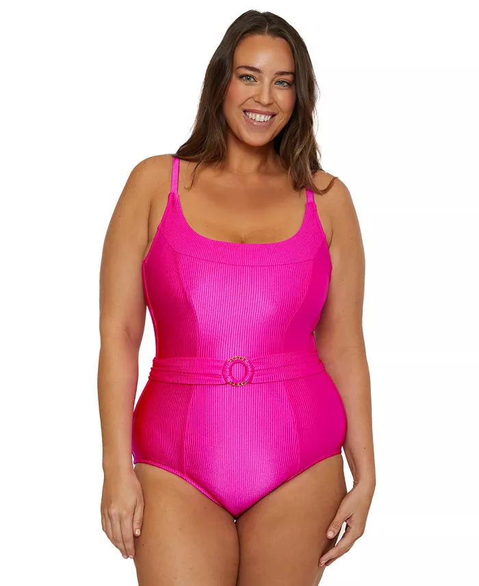 

Слитный купальник Becca ETC Plus Size с поясом и кольцами, розовый