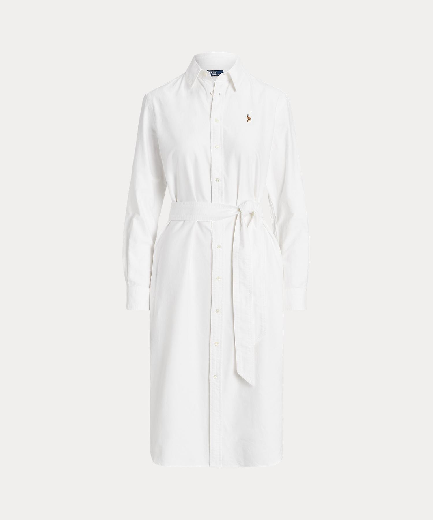 Платье-рубашка из хлопка с поясом, оксфордская рубашка Polo Ralph Lauren, 100 White