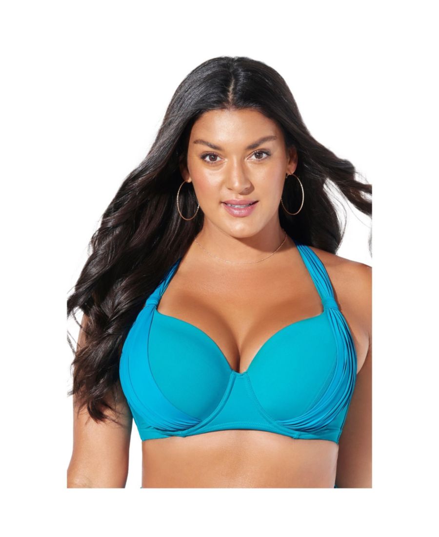 

Женский бюстгальтер с драпировкой спереди и косточками, бикини-топ Swimsuits for All, Luxury