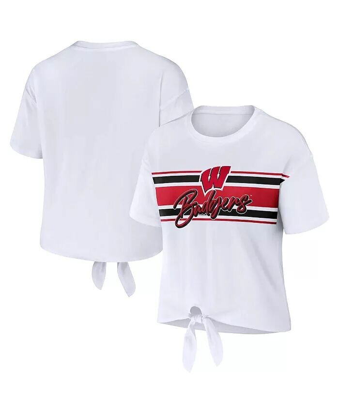 

Женская укороченная футболка White Wisconsin Badgers в полоску спереди с узлом Wear By Erin Andrews