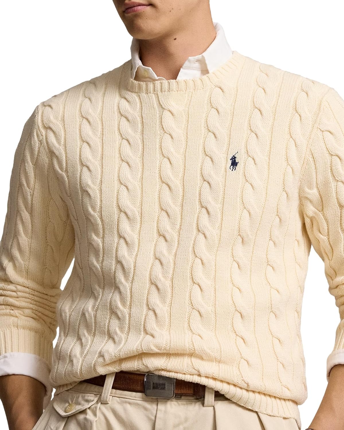Polo Ralph Lauren мужской свитер из хлопка с косой вязкой, Ralph Lauren Cream — фото 4