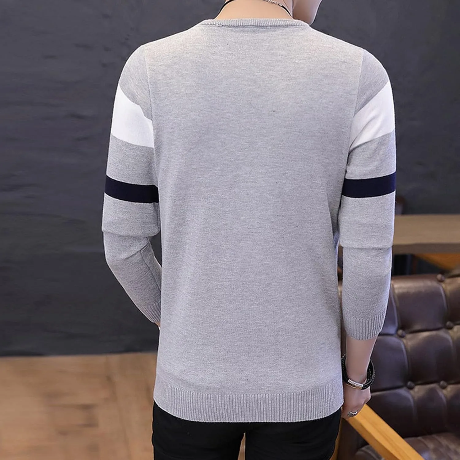 Мужской свитер с круглым вырезом Slim Fit в полоску — фото 3