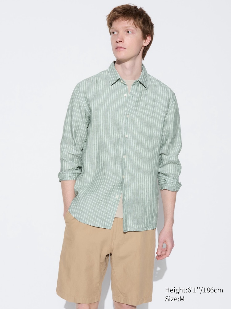 

Льняная рубашка премиум-класса regular fit в полоску Uniqlo, цвет 52 зеленый