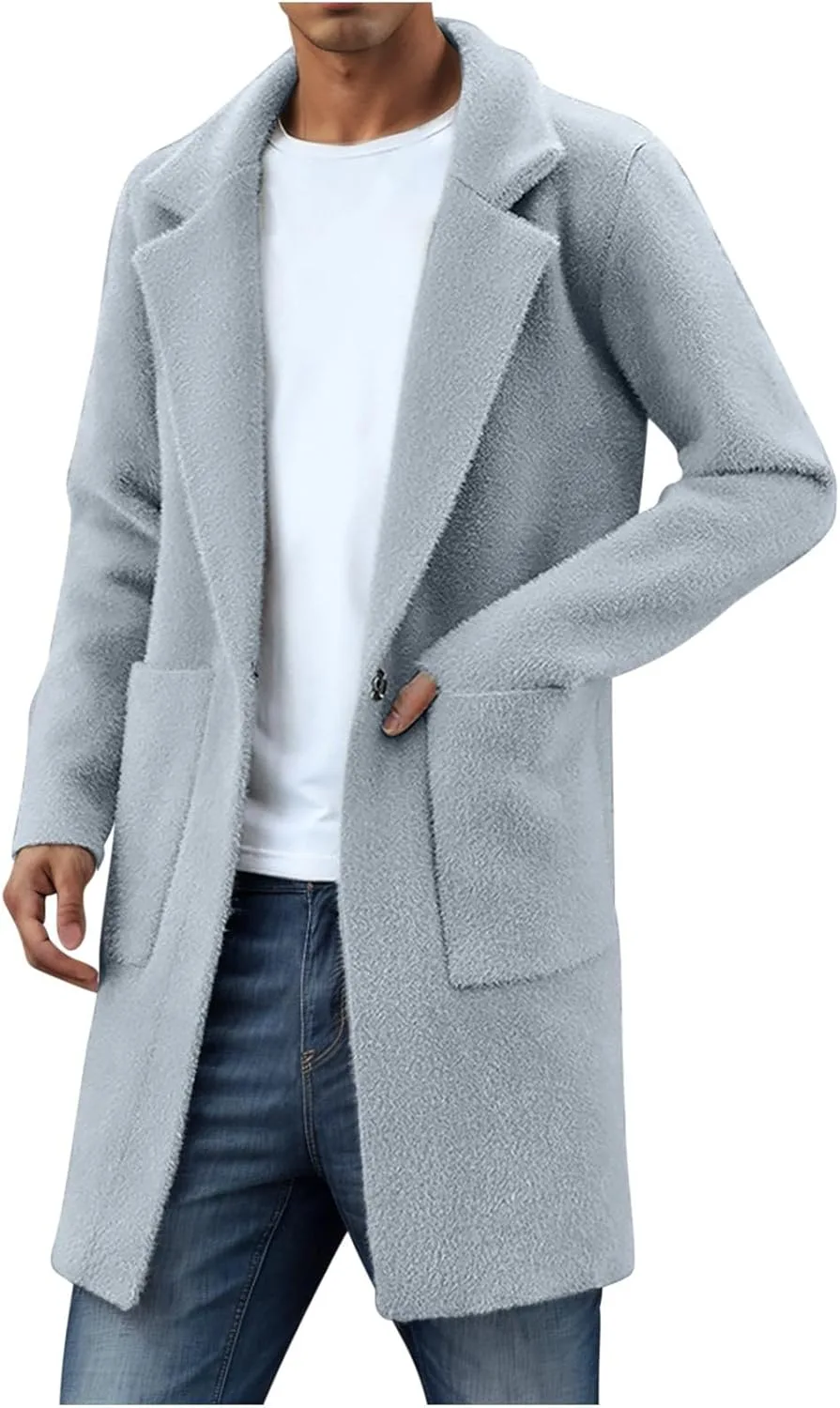 Мужское флисовое тренч пальто классическое с вырезом лацкана длинный кардиган пушистое осеннее пальто облегающего силуэта домашнее пальто сплошного цвета с карманом Generic, серый