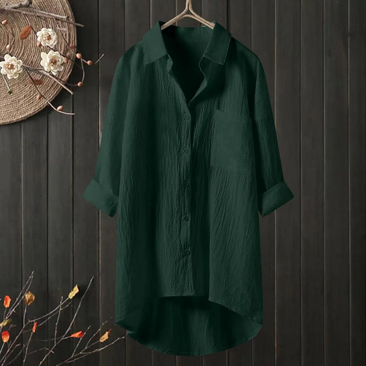 Блуза из хлопка и льна, свободная, с V-образным вырезом, Oversize Linen Blouse, зеленый — фото 3