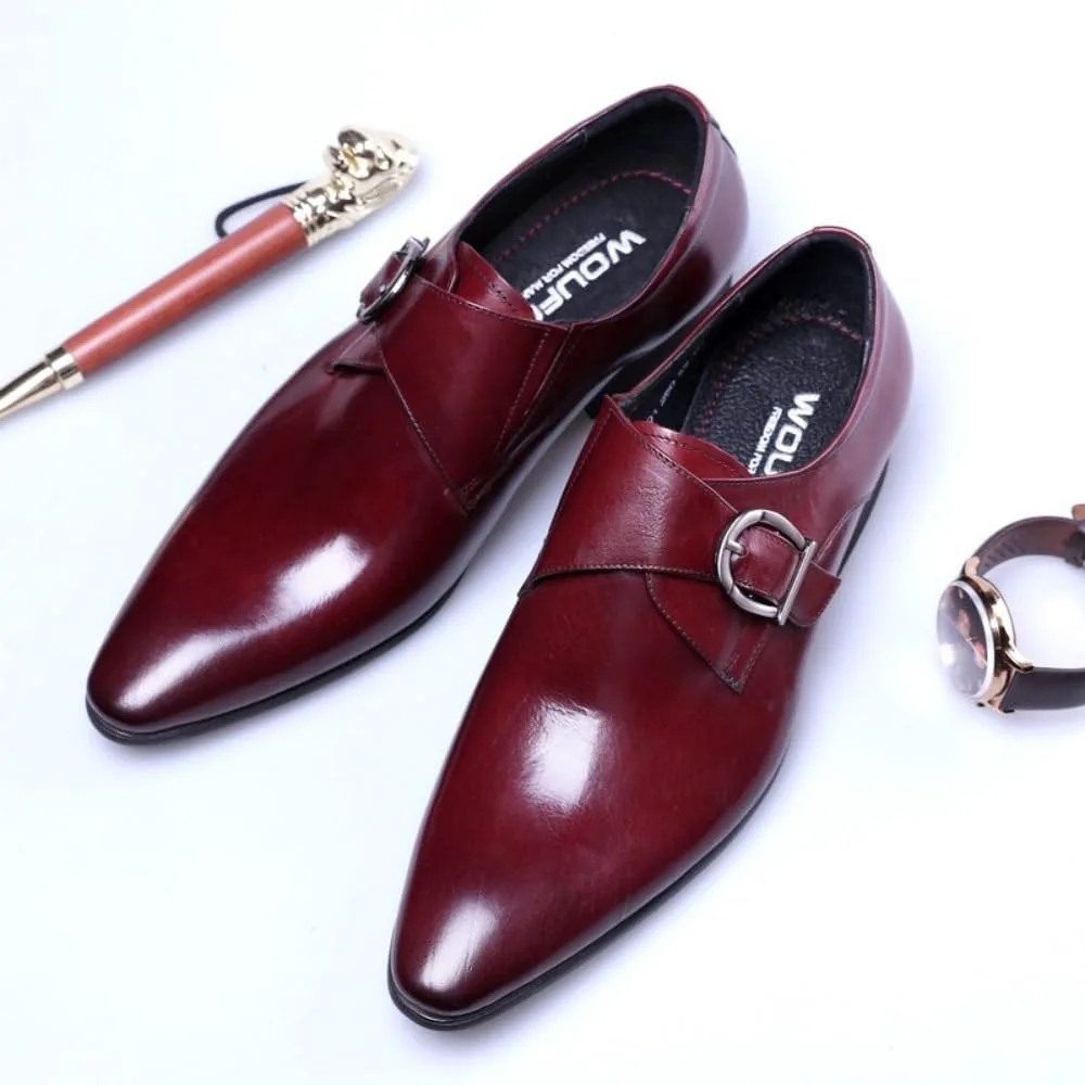 Мужские туфли Monk Strap Классические Ретро Формальные Деловые Лоферы Легкие Кожаные Слипоны Комфортные Носка Низкий Каблук Заостренный Носок Платиновая Пряжка Лоферы Оксфорды для Повседневной Элегантной Работы, Офиса и Свадьбы Geerta, красный — фото 4