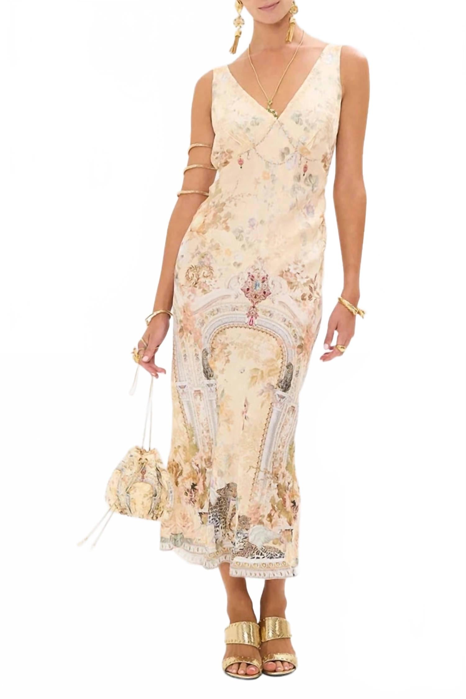 

Camilla V-Neck Jacquard Slip Midi Dress In Adorned In Antiquity, Adorned In Antiquity