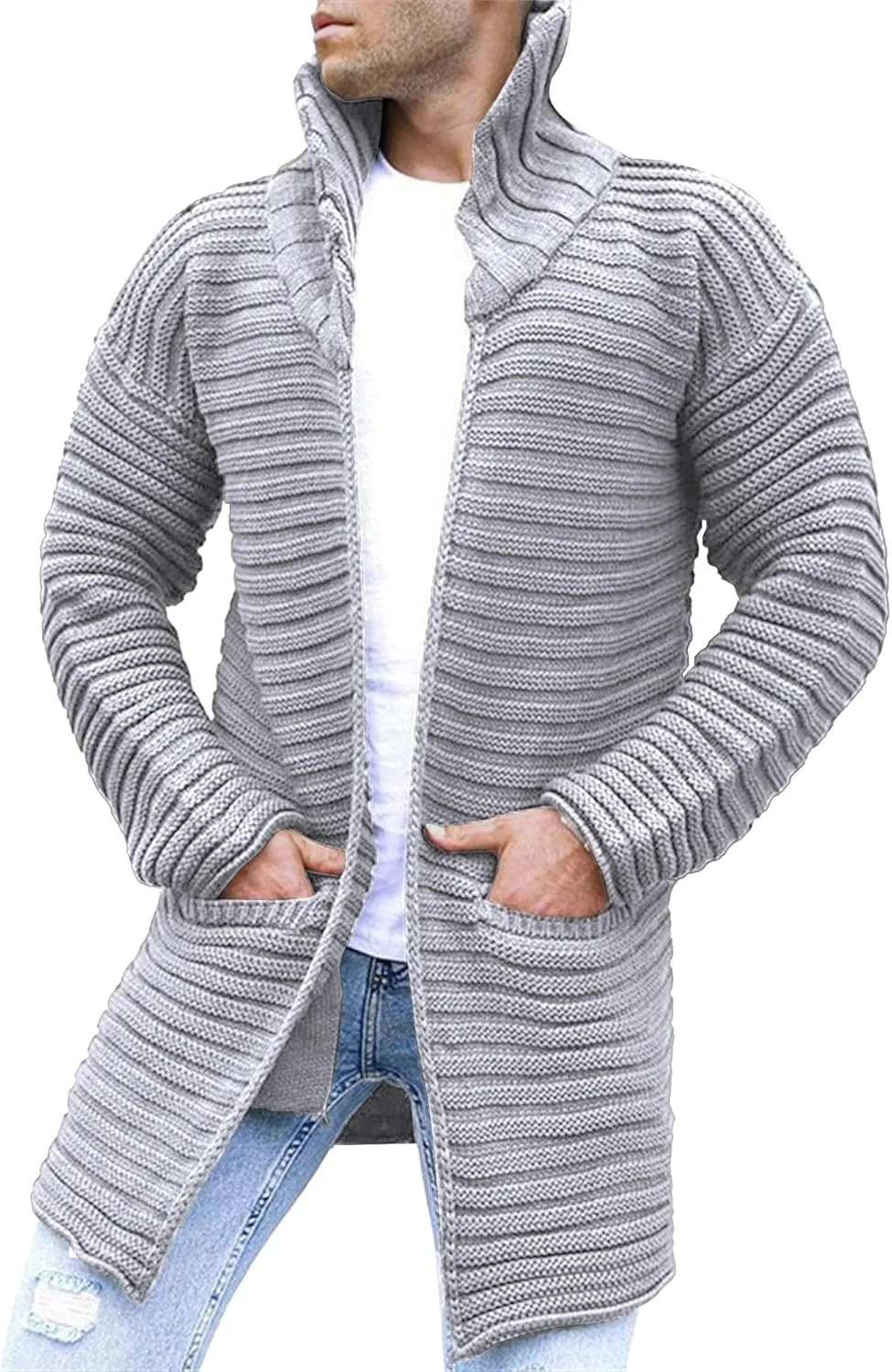 

Мужской вязаный кардиган с воротником стойкой и карманами