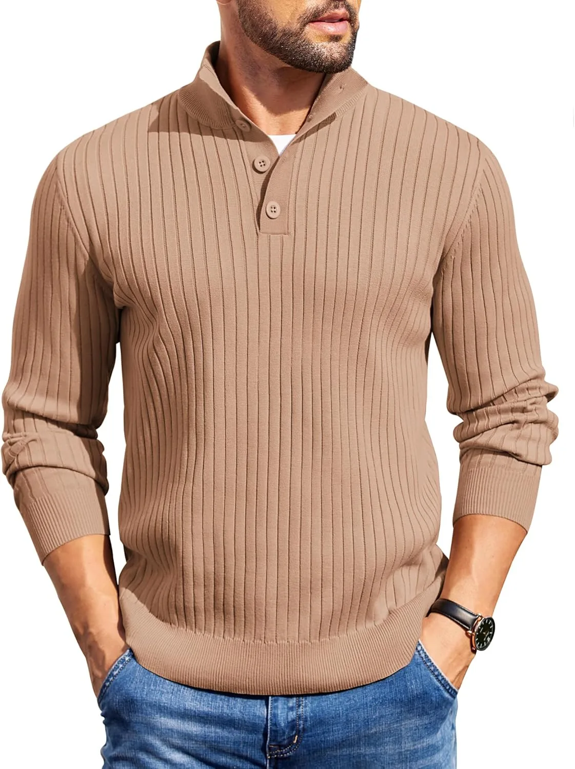 

COOFANDY мужской кардиган на четверти пуговиц с длинным рукавом и стойкой