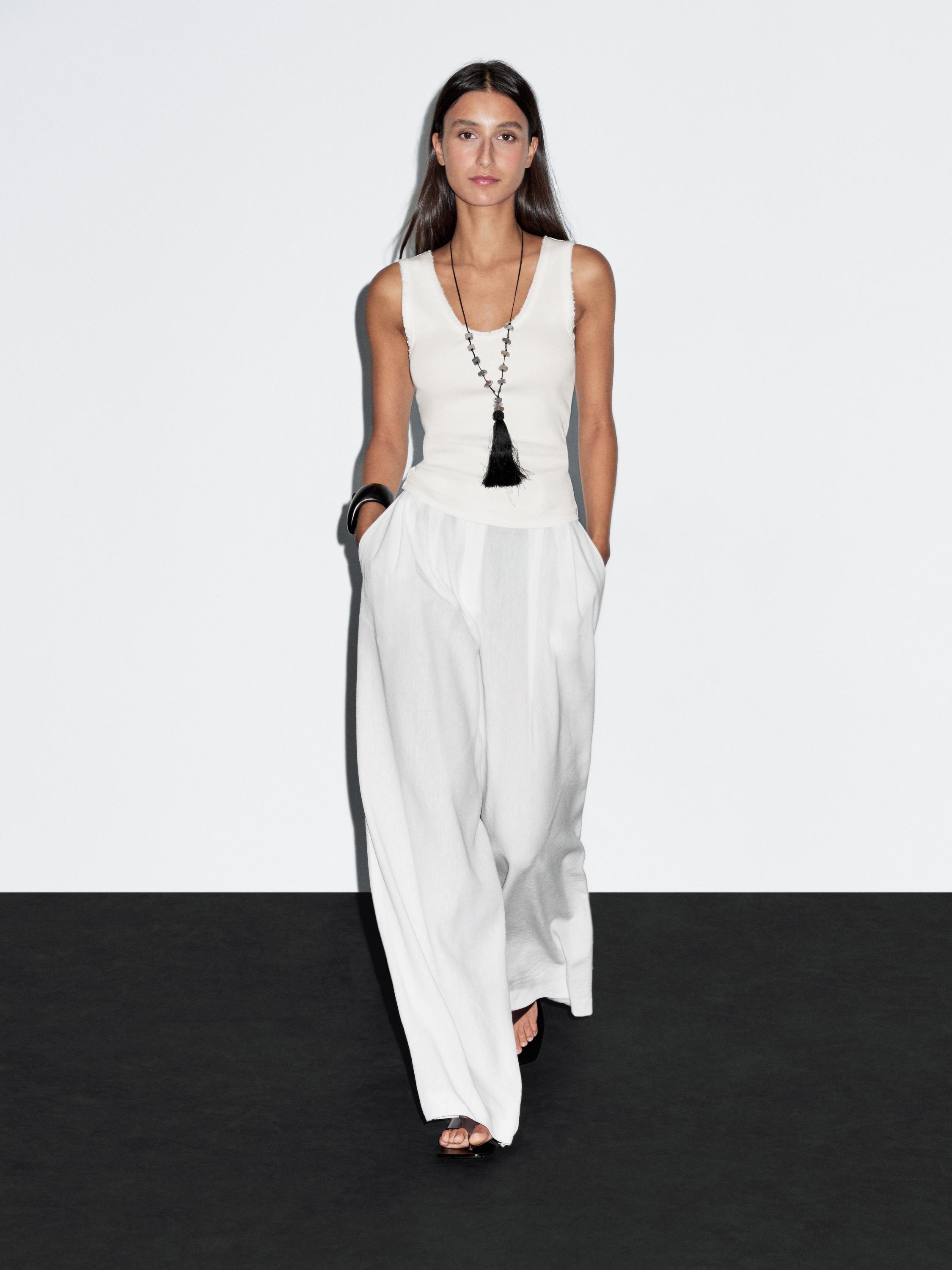 

Топ из хлопковой смеси с бахромой Massimo Dutti, кремовый