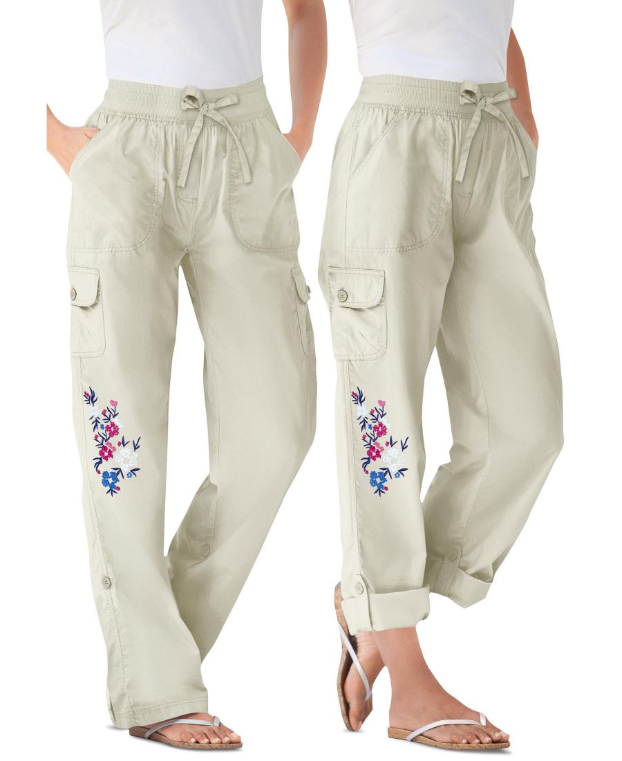 

Женские брюки-карго/капри больших размеров, трансформируемые по длине Woman Within, Natural khaki floral embroidery