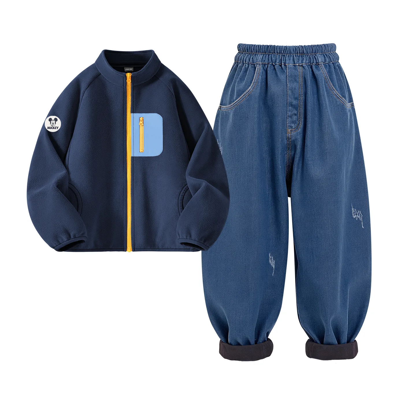Детская спортивная одежда с воротником стойкой на флисе Disney, [Thickened and Fleece-Lined]Dichi Medium Round Hook-and-Loop Night Blue+Solid Color Denim Light Blue