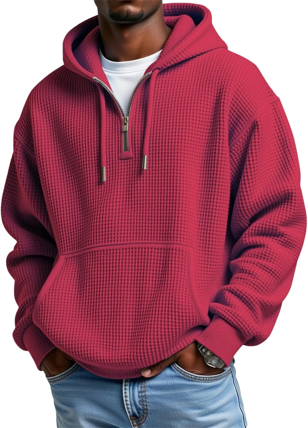 Мужская худи с принтом Quarter Zip Waffle Knit, свободный крой