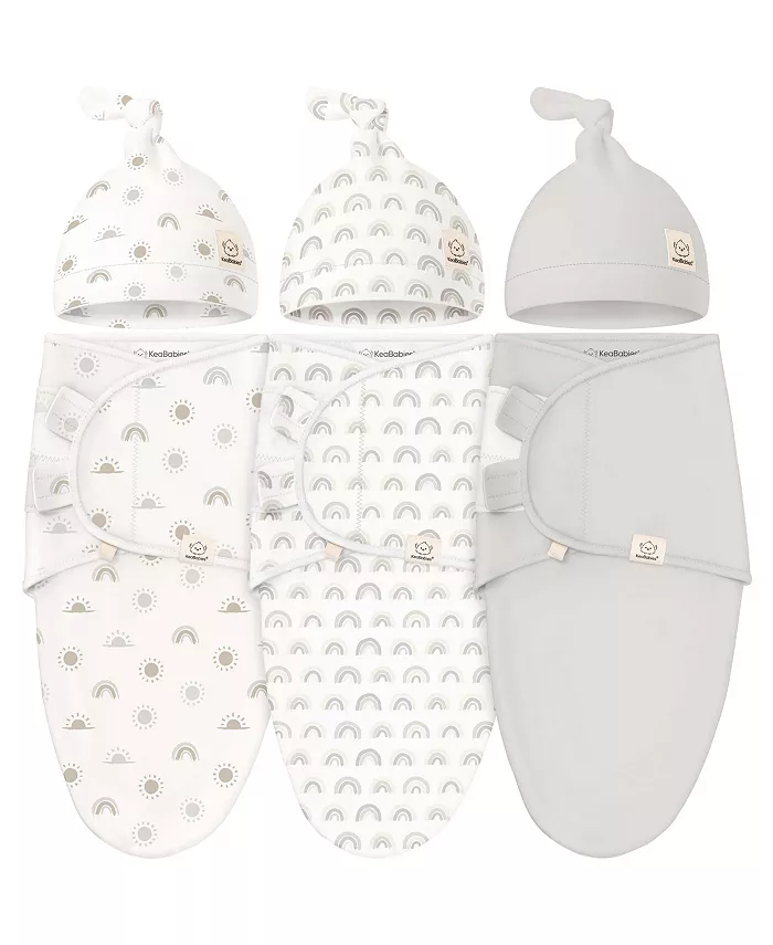 

3 шт органические пеленки-коконы с шапочками-узлами, для новорожденных 0-3 месяцев Keababies, мультиколор