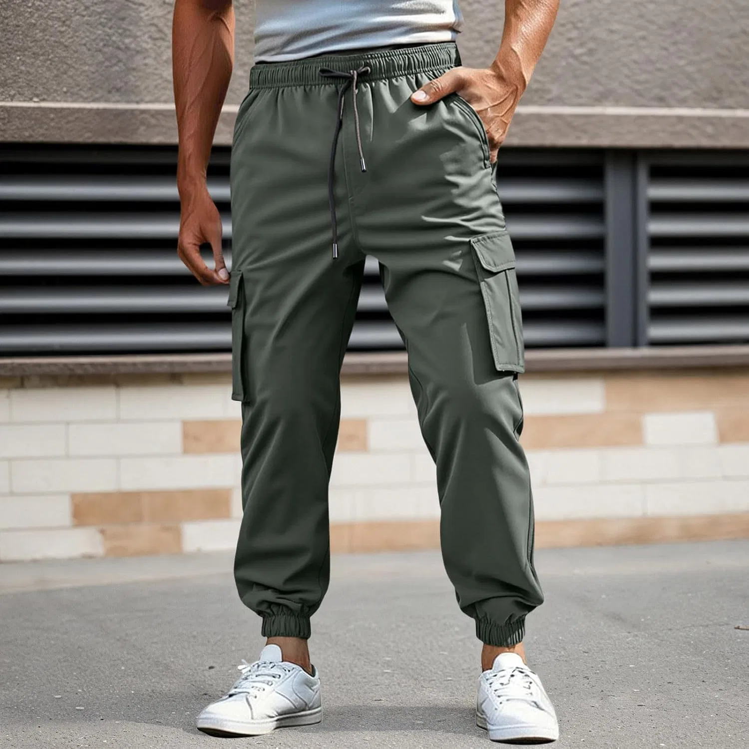 Спортивные штаны для мужчин Stretch с кулиской, карго, Slim Fit, тактические, с карманами, повседневные, зауженные, для хайкинга Generic, зеленый — фото 3