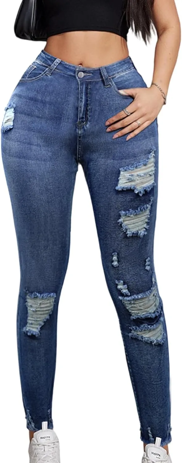 

Плюс сайз рваные джинсы женские скинни с высокой талией Cuyulitcik