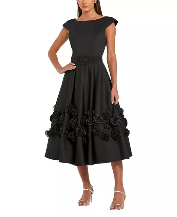 

Атласное платье-миди А-силуэт с короткими рукавами и объемными цветами. Mac Duggal, черный