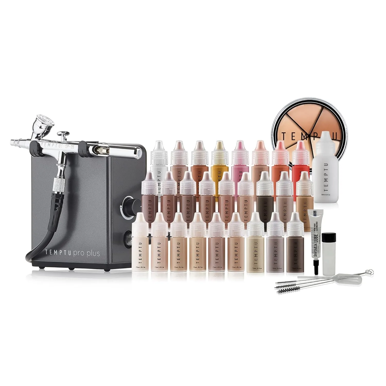 TEMPTU Pro Plus Deluxe Complete Airbrush Kit: набор для аэрографии с румянами, хайлайтерами, тональной основой S/B, контурингом, бронзером и консилером, удобный для путешествий