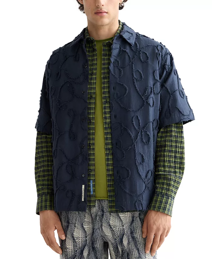 

Мужская рубашка с коротким рукавом свободного кроя на пуговицах с жаккардовым узором Scotch & Soda, синий