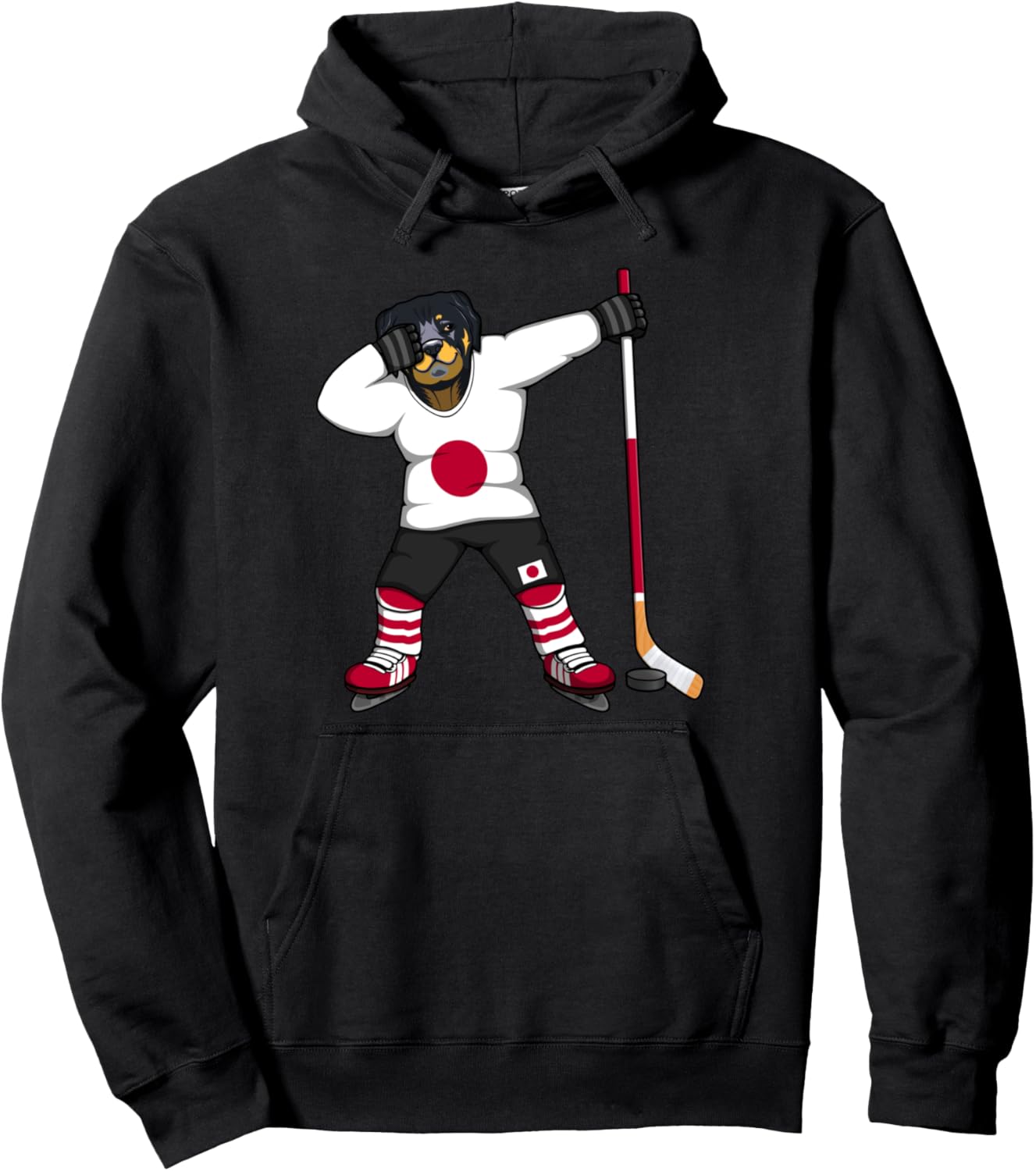 

Танцующий ротвейлер, хоккеист, японский болельщик хоккея на льду, японский флаг, худи с изображением ротвейлера в стиле «дэб» Teeisle Japan Ice Hockey, черный