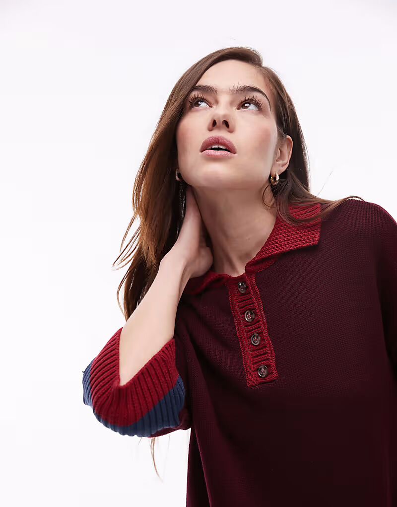 

Трикотажный топ-поло на пуговицах Topshop бордового цвета