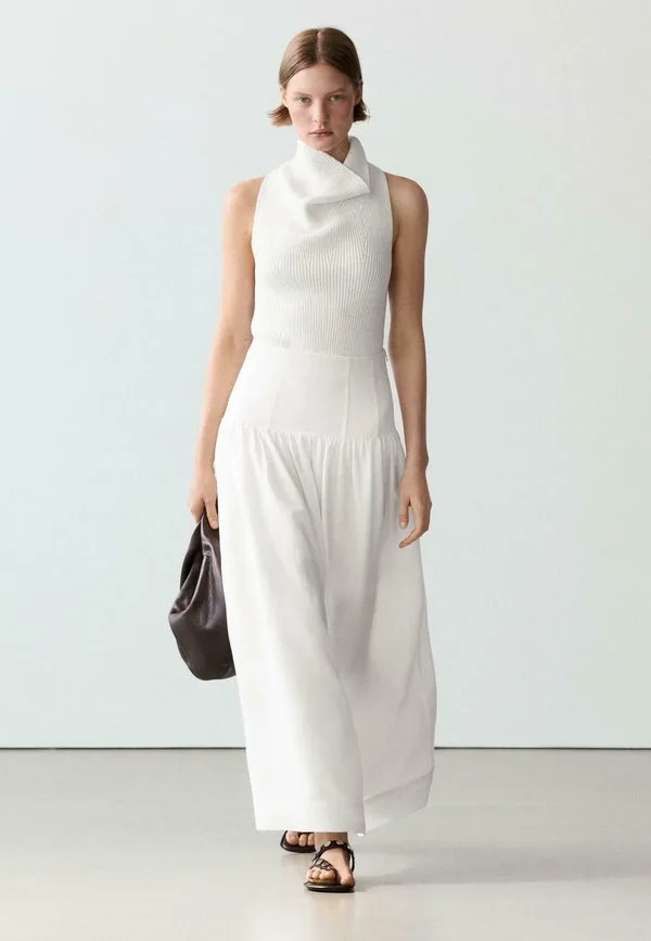 Длинная юбка миди с кокеткой Massimo Dutti, White — фото 2