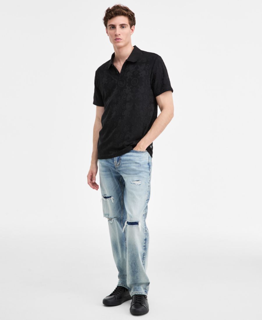 

Мужская трикотажная рубашка-поло с коротким рукавом и жаккардовым узором в тон ткани GUESS, Jet Black, Черный, Мужская трикотажная рубашка-поло с коротким рукавом и жаккардовым узором в тон ткани GUESS, Jet Black