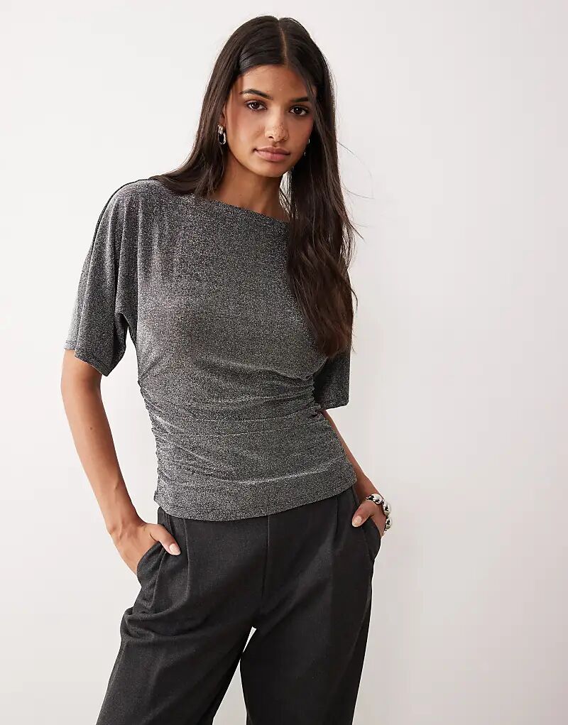 

Топ AWARE с короткими рукавами и рюшами, блестящий, черного и серебристого цветов