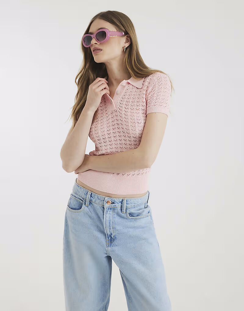 

Рубашка-поло River Island с отделкой стразами крючком розового цвета - светлая