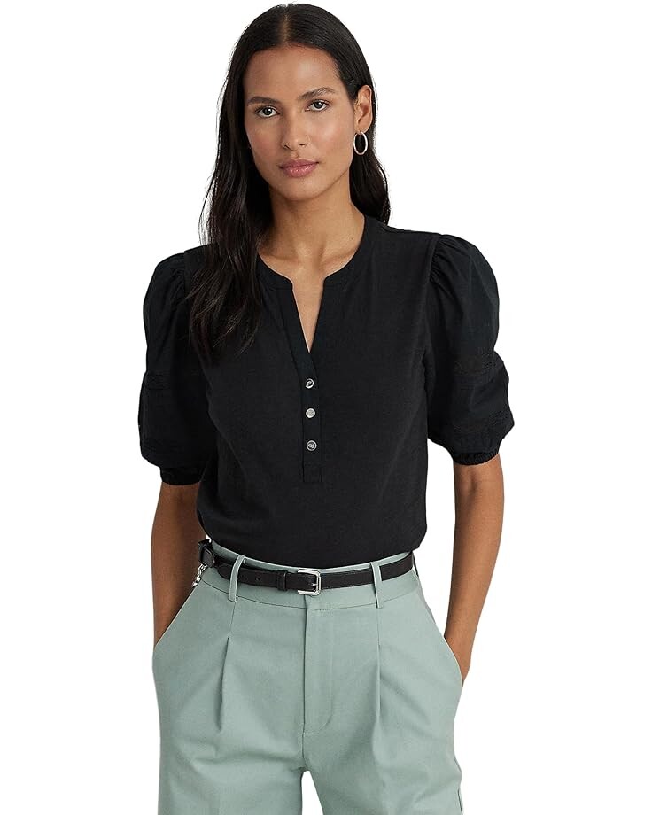 

Футболка LAUREN Ralph Lauren Lace-Trim Jersey Puff-Sleeve Henley, черный