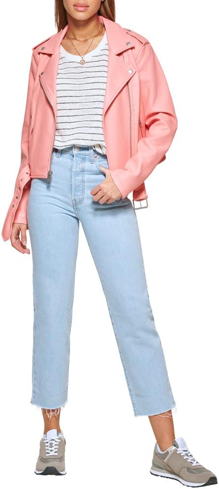 Женская куртка-косуха Levi's из искусственной кожи с поясом, коралловый — фото 2