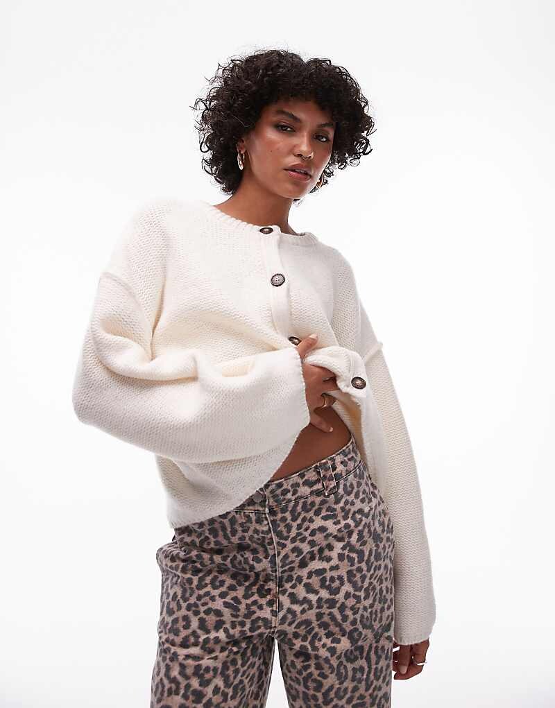 

Topshop – Однотонный кремовый кардиган с круглым вырезом, открытыми швами и свободным кроем