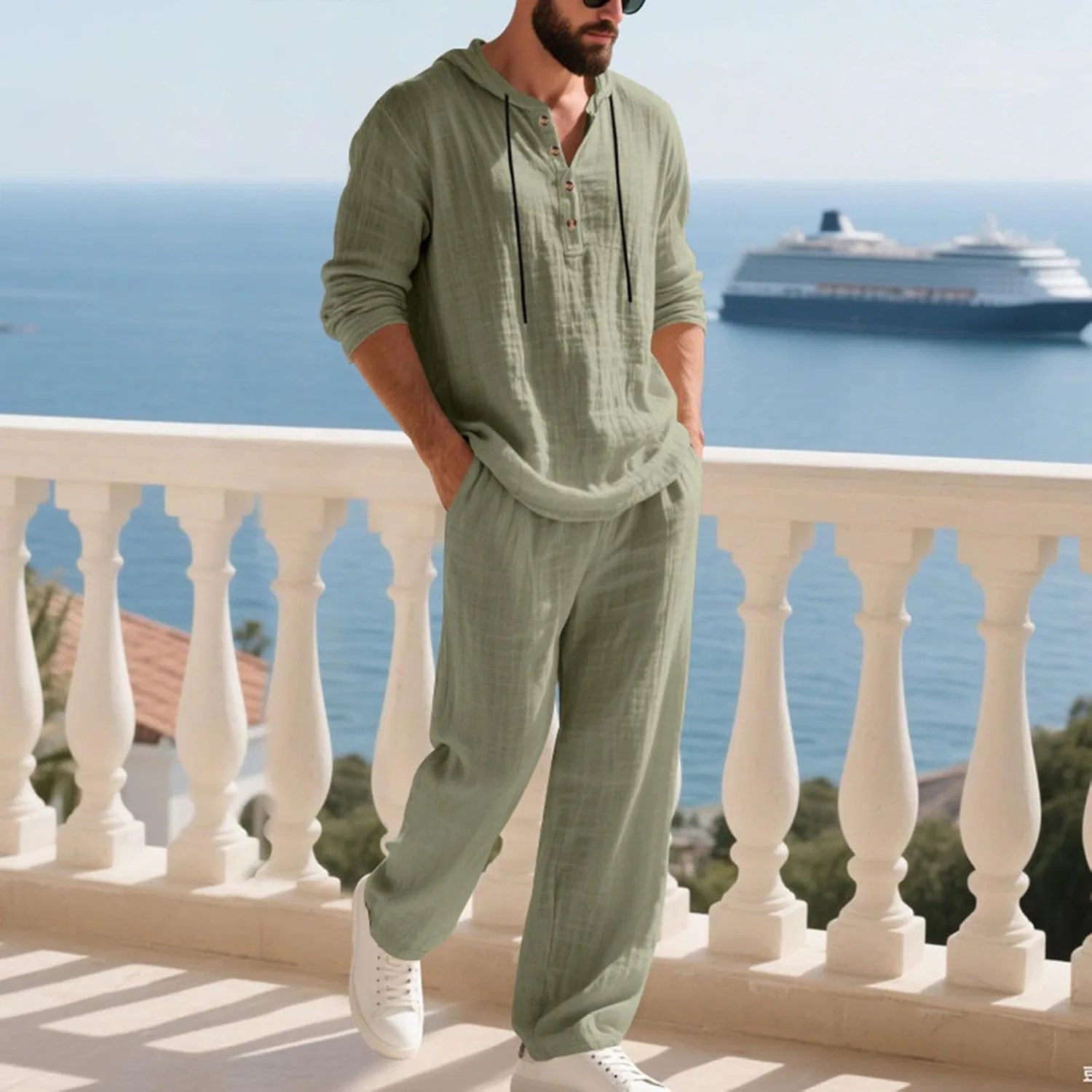 Мужской спортивный костюм из хлопка и льна, Army Green — фото 2