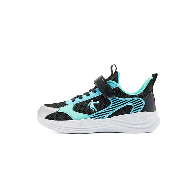 QIAODAN Synthetic Leather, Textile Breathable Lightweight Cushioning Low top Running Shoes Black/Gazing At The Blue