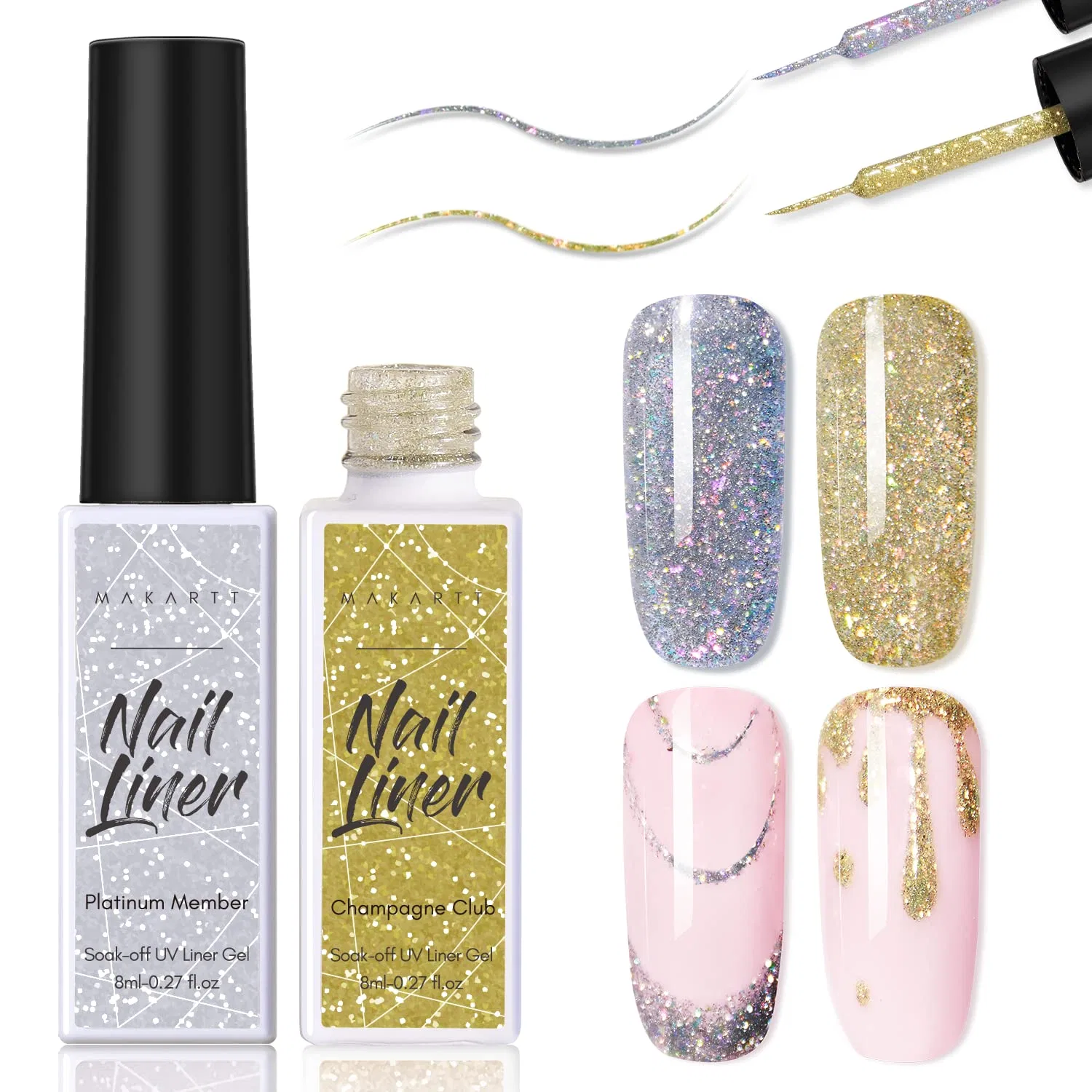 Набор гель-лаков Makartt с глиттером, 2 цвета Makartt, Gold And Silver Nails Liner