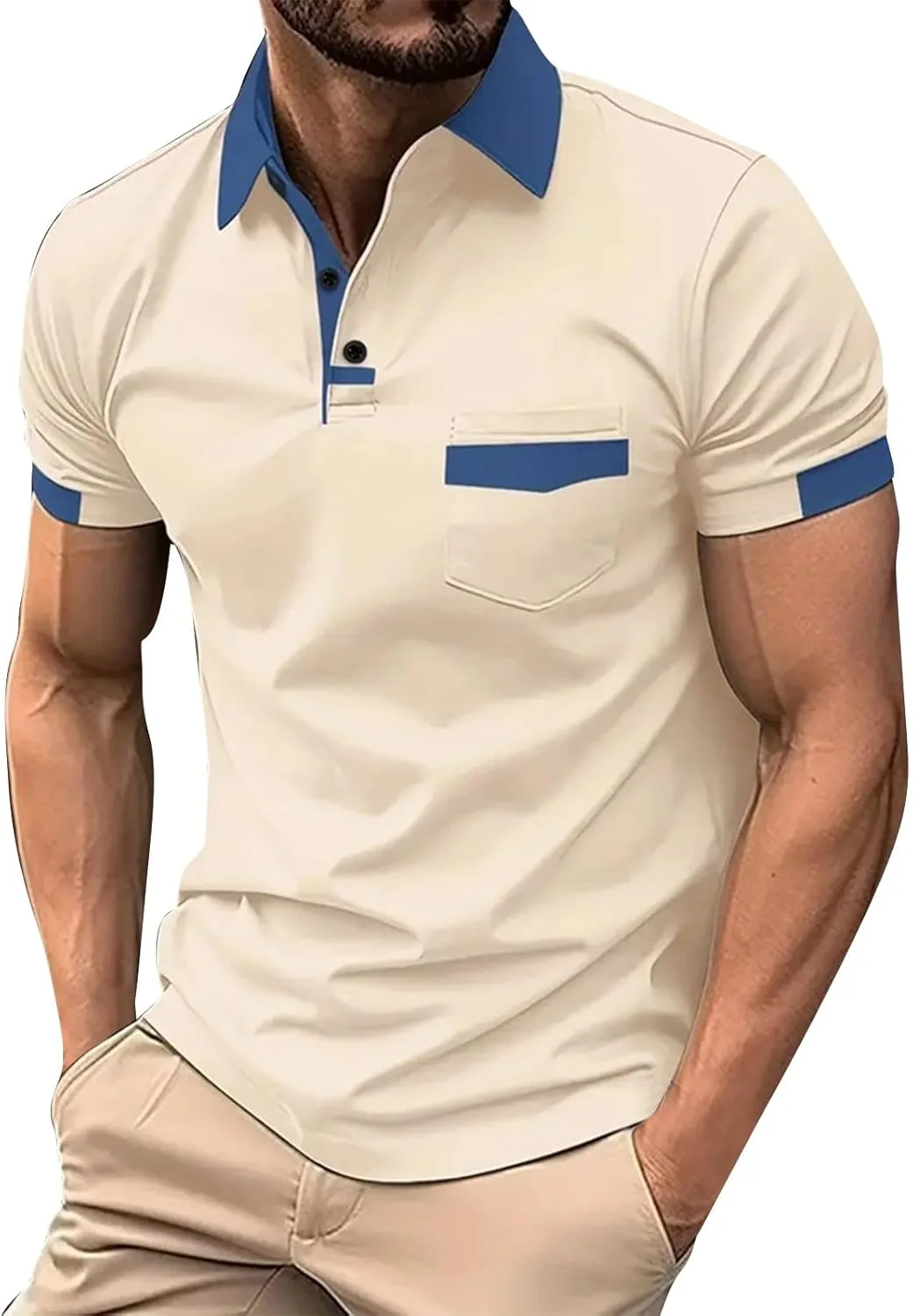 

Поло для мужчин, короткий рукав, контрастный воротник, классический крой, карман, S-3XL