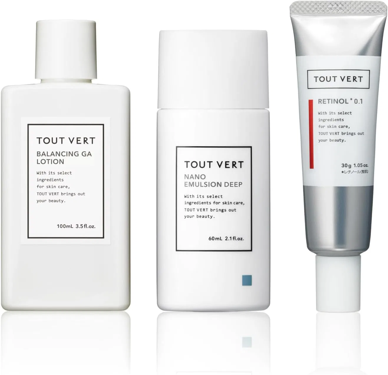 Набор косметики Toutveil с азелаиновой кислотой, ретинолом и церамидами: Balancing GA Lotion 100 мл, Retino Shot 0.1 30 г, Nano Emulsion Deep 60 мл Toujour