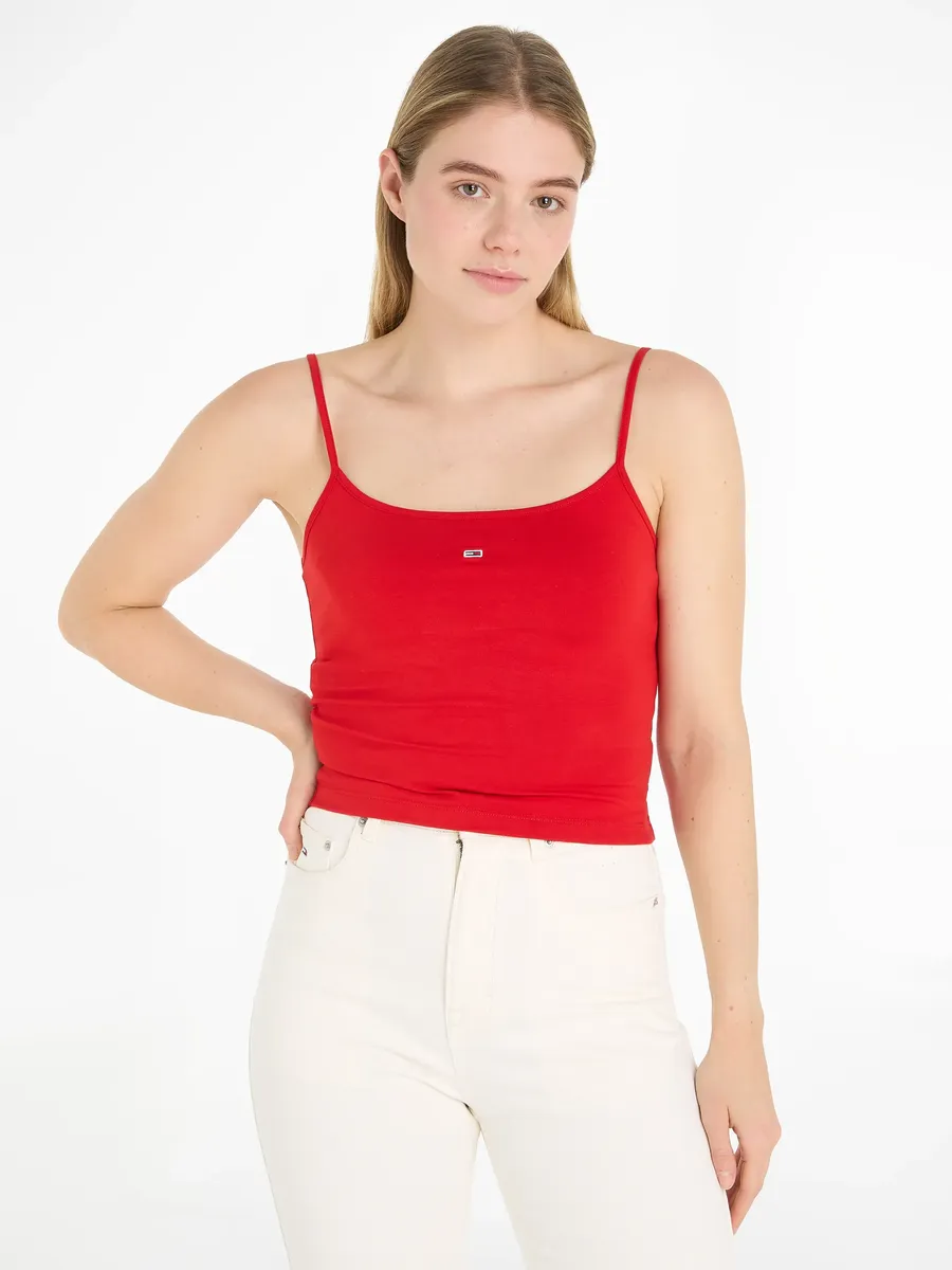 

Майка-спагетти Tommy Jeans "Crop Essential Strap Tank Top, короткая", с регулируемым логотипом бренда на тонких бретельках, малиновый