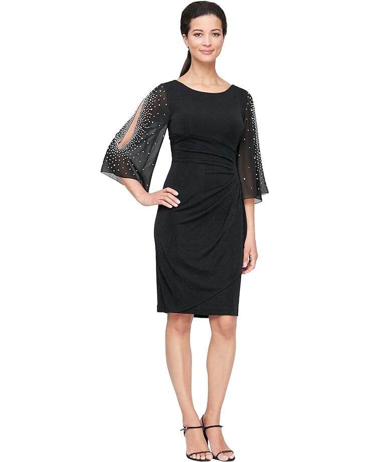 

Платье Alex Evenings Short Sheath with Embellished Illusion Split Sleeves and Skirt, черный