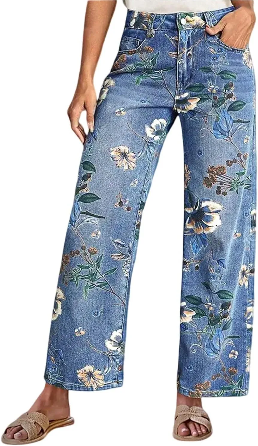 

Джинсы женские Wide Leg High Waisted с цветочным принтом Vintage HswsEJ