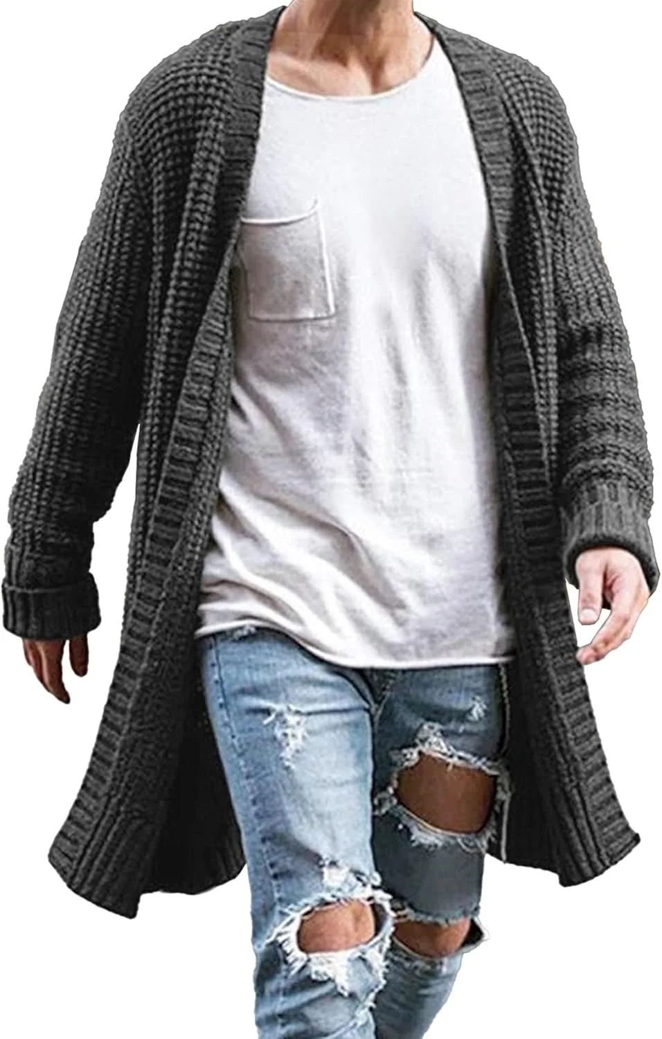 

Мужской кардиган багги вязаный длинный свитер Casual Solid Open Front осень зима