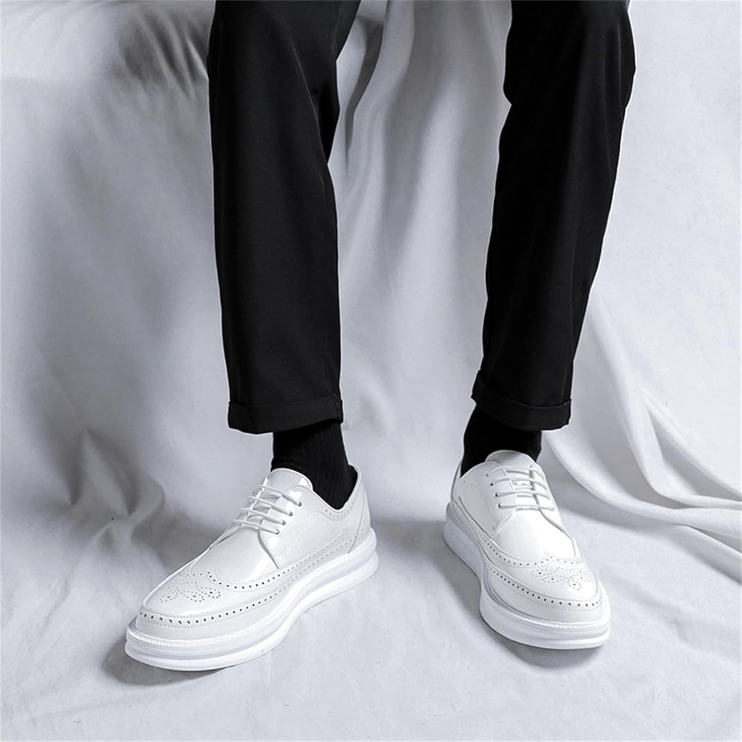 Мужские кожаные оксфорды с перфорацией Wingtip, дышащие, на шнуровке, с противоскользящей резиновой подошвой, ортопедическим комфортом для деловой одежды Jhfdioy, белый — фото 2