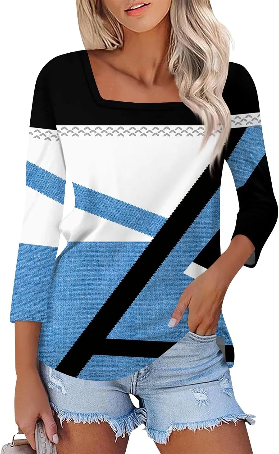 Блуза с квадратным вырезом и рукавом 3/4, женская, 1-blue, размеры S-3XL