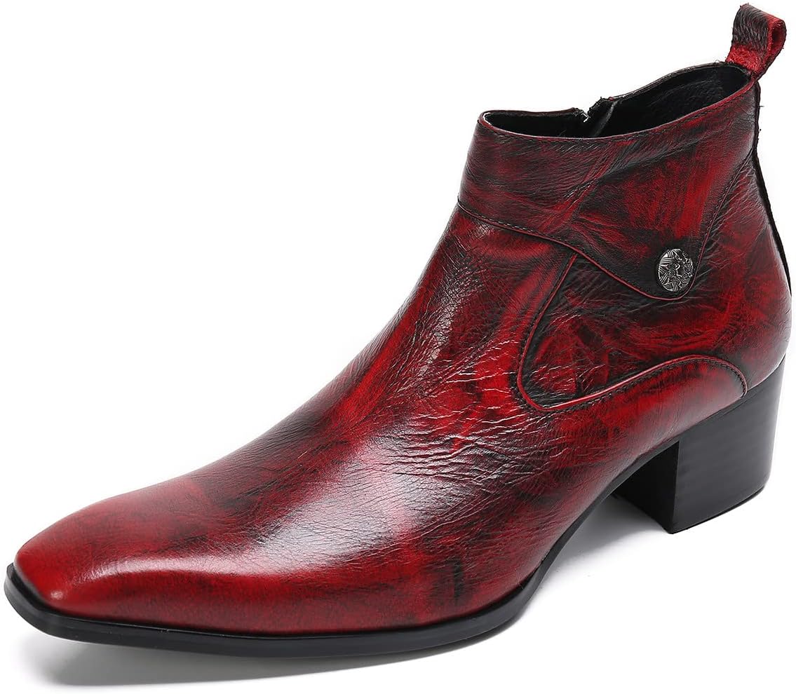 

Мужские повседневные ботинки Santimon типа Челси до щиколотки - настоящая кожа, стиль западного ковбоя с молнией сбоку для вечеринки, дискотеки или свадьбы, красный